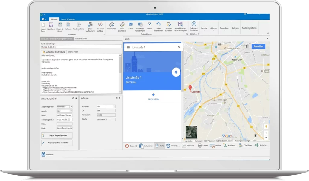 Laptop mit geöffnetem IT-Ticketsystem von c-entron